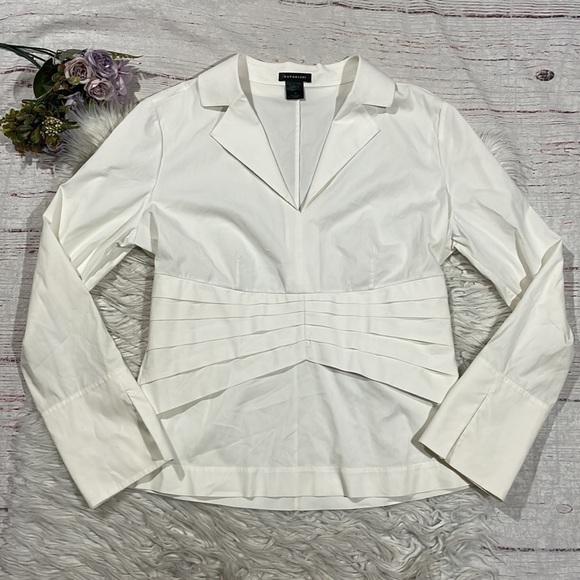 Natori White Poplin Pleated Front Pullover Blouse - Picture 1 of 9